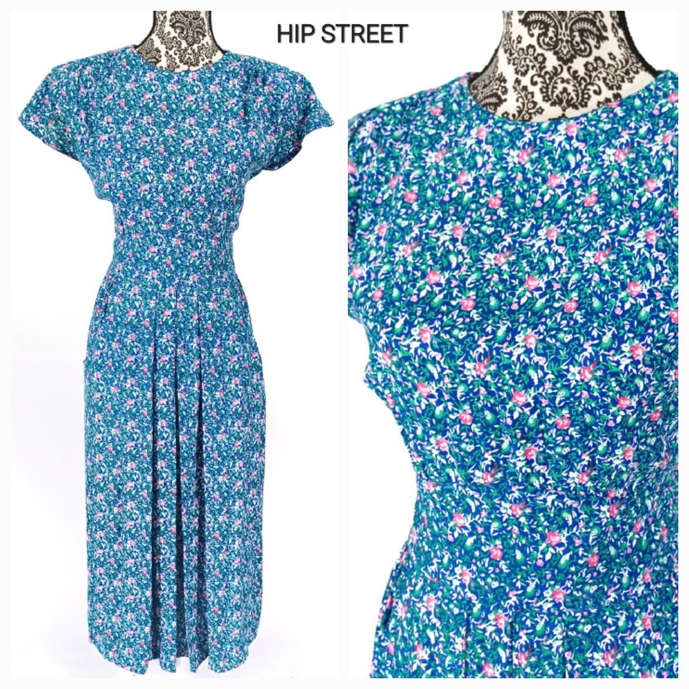 KARIN STEVENS Dress Vintage 80s Flutter Sleeve High Waist Floral Midi 8